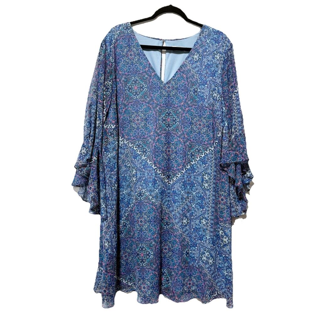 Calvin Klein Dress Size 20W 3/4 Ruffle Bell Sleeve V-Neck Blue Mosaic Print